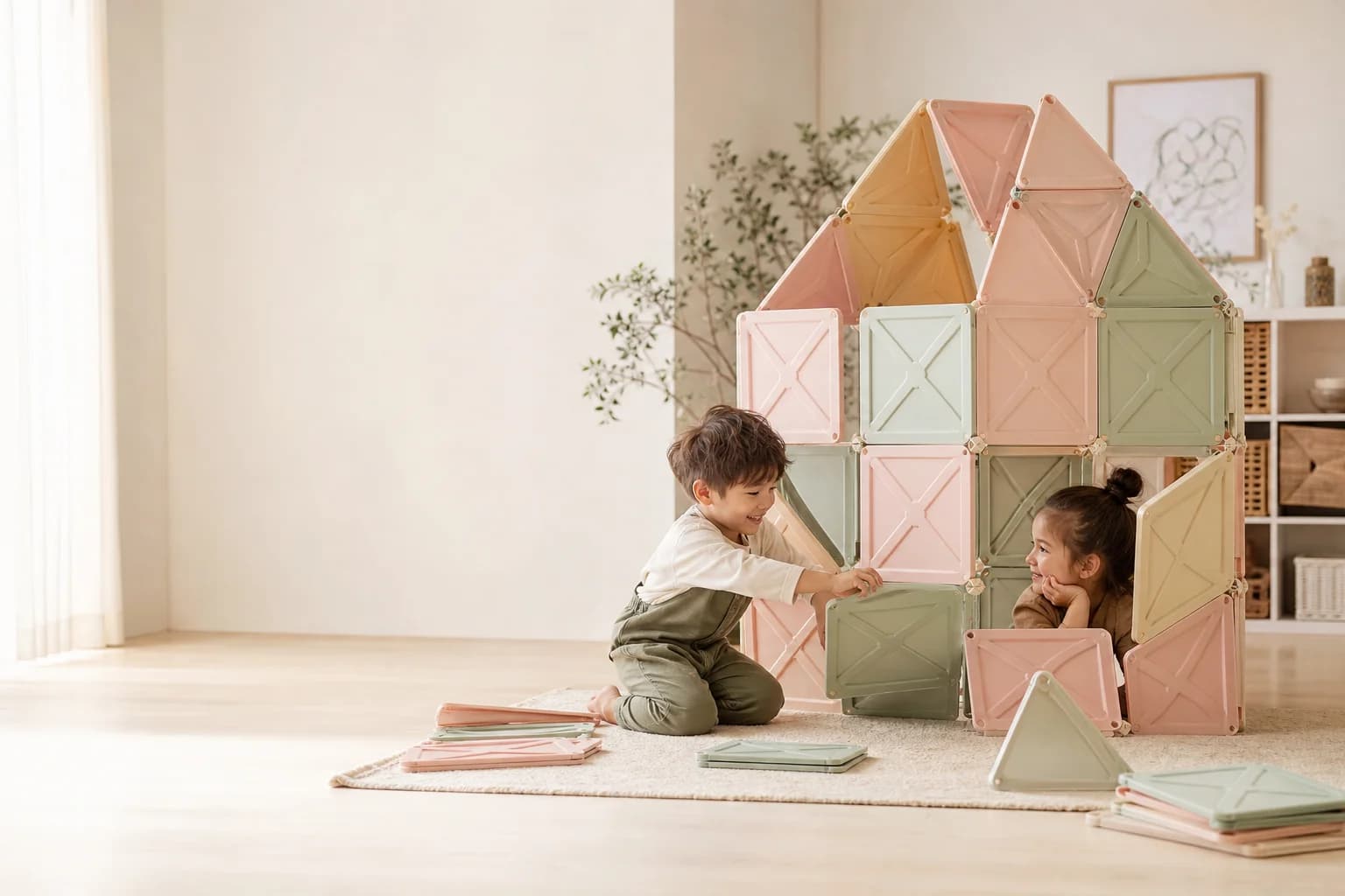 A child actively building a fort from pastel magnetic panels in a sunlit living room
