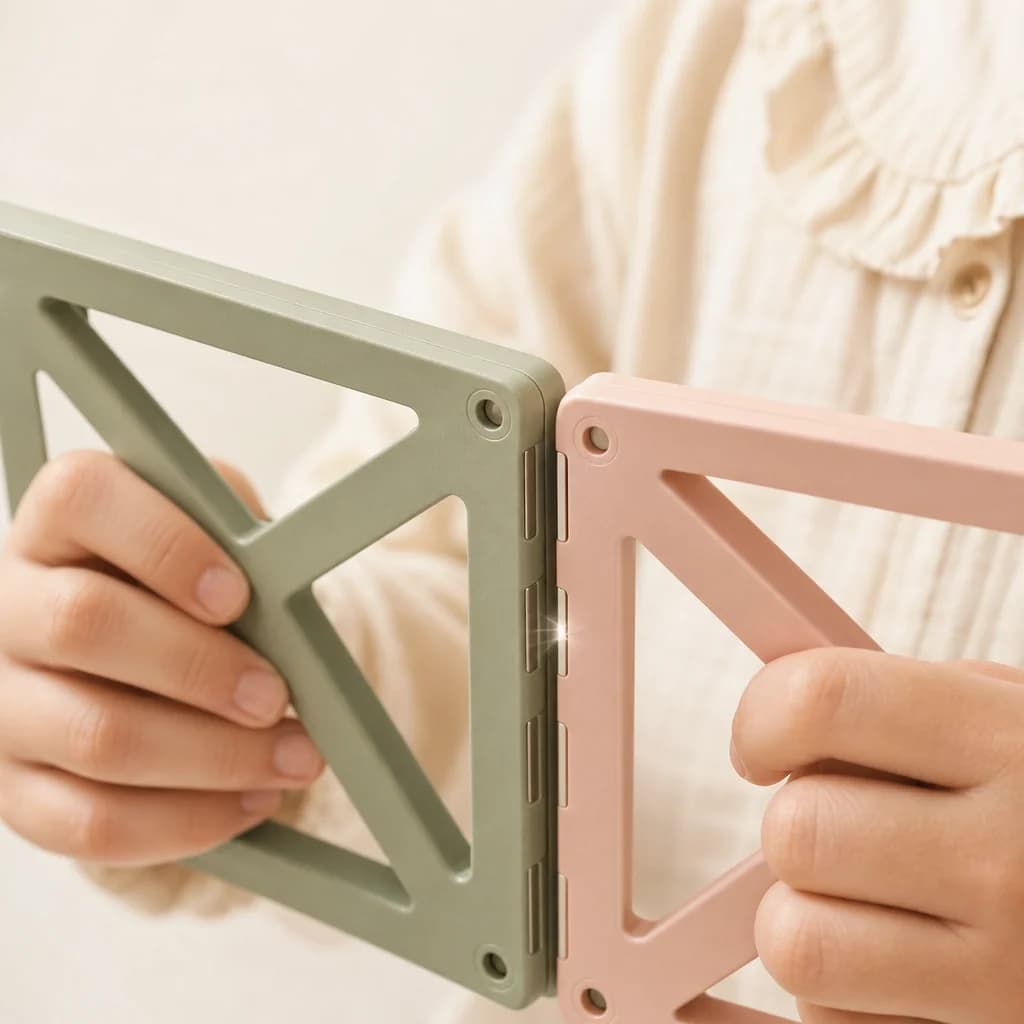 Small hands snapping two pastel panels together
